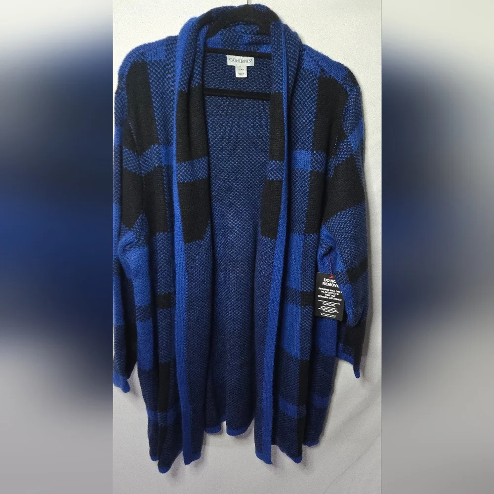 NWT Catherines Country Village Blue/Black Buffalo Plaid Sweater Cardigan 1X